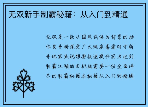 无双新手制霸秘籍：从入门到精通